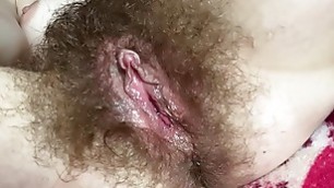 Double dripping wet orgasm hairy pussy big clit closeup