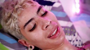 Horny slim latino twink jerking his big cock with oil until he releases a big thick cum load in slow motion