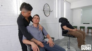 Dark-haired Hotties San Bass & Killiam Wesker Swap Sloppy Blowjobs On The Barber Chair -Reality Dudes