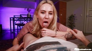Blonde sucks cock and gets fucked hard